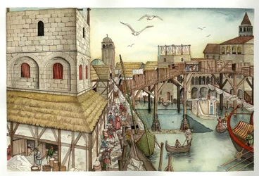 Edad Media: vista del puente de Rialto en el siglo XI y actividades en Venecia, Italia.