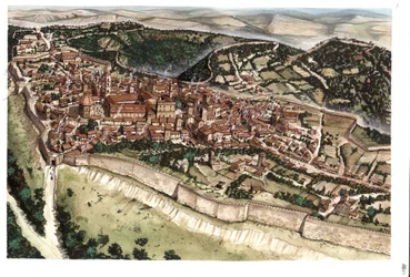 Edad Media: vista de la ciudad medieval de Volterra, rodeada de murallas, en el siglo XIV. Toscana. Italia Ilustración de Giorgio Albertini. (La utilización de las obras de este autor no está sujeta a la solicitud de autorización de un tercero ni a la t