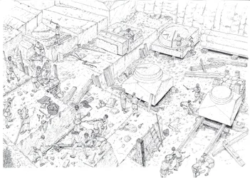 Edad Media: vista que representa a obreros trabajando en las canteras de mármol de Carrara (Carrara) en el siglo XV. Italia Ilustración de Giorgio Albertini. (La utilización de las obras de este autor no está sujeta a la solicitud de autorización de un ter