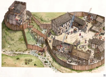 Edad Media: pueblo construido al borde de un río, murallas de madera y una torre fortificada. Siglo XI