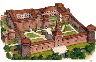 Vista general de la fortaleza de los Sforza (Castello Sforzesco) construida por el duque Francesco Sforza en el siglo XV en Milán, Italia.