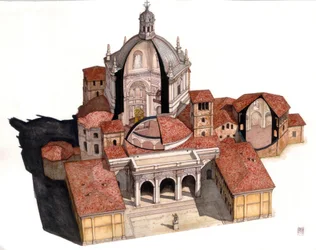 Arte paleocretense: visión de conjunto y secciones que permiten ver el interior de la cúpula, las capillas, la basílica de San Lorenzo, fundada a finales del siglo IV Milán, Italia Ilustración de Giorgio Albertini. (El uso de la