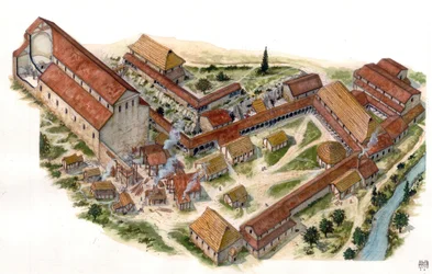 Arte prerromano: vista aérea del monasterio benedictino de San Vicente de Volturne (Abbadia di San Vincenzo al Volturno) fundado en el siglo VIII. Castel san Vincenzo, Italia Ilustración de Giorgio Albertini. (El uso de la obra de este autor