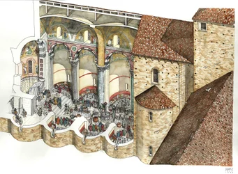 Reconstitución de la Basílica de San Juan de Letrán (San Juan de Letrán o San Giovanni in Laterano) en el siglo VIII: la copa arquitectónica permite ver el triclinio y la ceremonia de investidura de un Papa. Roma