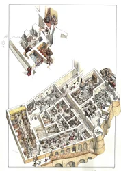 Reconstrucción con vistas al corte de las zonas subterráneas donde se encuentra la planta de servicio (viviendas domésticas, baños, cocina, establos) del palacio ducal de la ciudad de Urbino, en Italia. Fue construido por el duque Federico da Montefeltro (