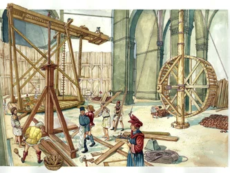 Renacimiento: reconstrucción de la obra de construcción de la cúpula de la iglesia de Santa Maria del Fiore (Duomo) sobre los planos del arquitecto Filippo Brunelleschi. 1436. Florencia Italia Ilustración de Giorgio Albertini. (El uso de las obras de este 