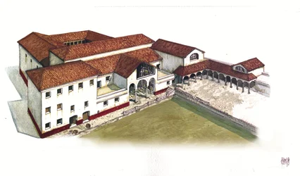 Roman Antiquite: reconstitución del emplazamiento de la domus de la Puerta Marina (domus di porta marina) en Ostia antica (antigua Ostia) en el siglo IV, Italia.
