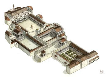 Antigüedad romana: reconstitución del foro de Trajano (foro di traiano) en el siglo III d.C., Roma. Italia.