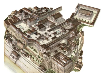 Antigüedad romana: reconstrucción del Monte Palatino (Glue Palatino) en el siglo IV, los sucesivos emperadores (Augusto, Nerón, Séptimo Severo) construyeron sus respectivos palacios. Roma Italia