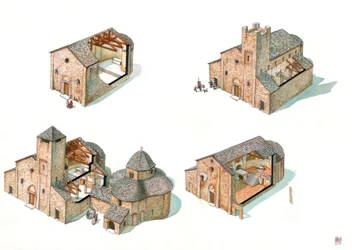 Arte románico: descripción de las etapas de construcción con secciones que permiten ver el avance de las obras y el interior, de la Abadía de San Vicente de Galliano, incluyendo la Basílica de San Vicente y el Baptisterio.