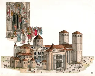 Arte románico: visión general de la Catedral de Santiago de Compostela, construida en los siglos XI y XII, en Santiago de Compostela, España.