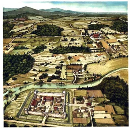 Vista de un paisaje típico de la Alta Edad Media, con fortaleza en primer plano, Francia. Siglos VI-XI