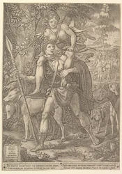 Alegoría de la Caza, un cazador sosteniendo una gran lanza llevando a una mujer Diana en sus hombros, 1556