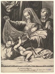 Madonna de Loreto, la Virgen levanta un velo sobre el Niño, que yace en una cama y almohada