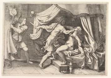 Tarquin atacando a Lucrecia, un sirviente a la izquierda presenciando la escena, ca. 1540