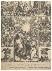 La coronación de la Virgen, rodeada de nueve viñetas con escenas de la vida de..., para 1575.