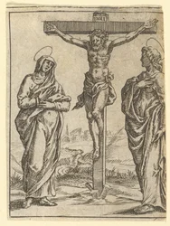 La Virgen de los Dolores: La Crucifixión, uno de los nueve compartimentos circundantes del V..., antes de 1575