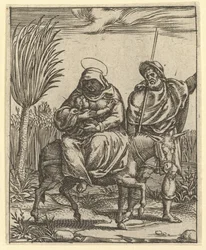 La Virgen de los Dolores: La huida a Egipto, uno de los nueve compartimentos circundantes de..., antes de 1575