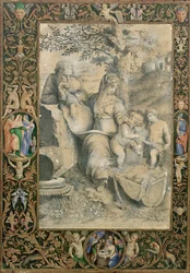 Borde de un manuscrito iluminado que rodea un dibujo después de La Sagrada Familia bajo el roble de Rafael (atribuido a Clovio)