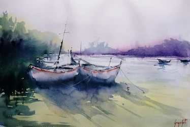 Barcos en una mañana brumosa