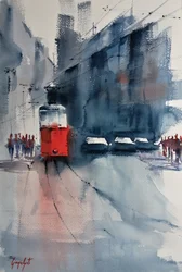 El tranvía rojo por las calles de la ciudad