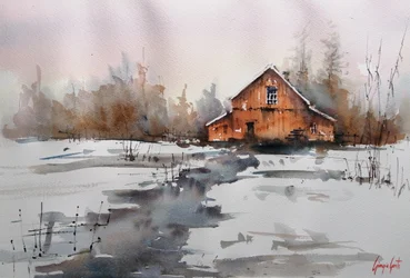 Arroyo de invierno junto a un granero rústico