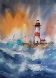 Paisaje marino con un faro en medio de la tormenta