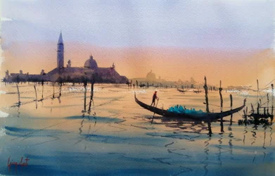 Puesta de sol en una góndola de Venecia