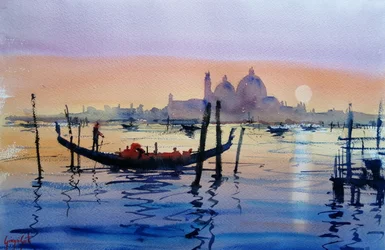 Puesta de sol en una góndola de Venecia
