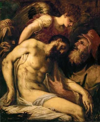 Cristo muerto, sostenido por un ángel y por José de Arimatea ... (pintura sobre lienzo)