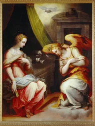 Anunciación. Panel central de un tríptico. Pintado para el altar mayor de Santa Maria Novella en Arezzo ...