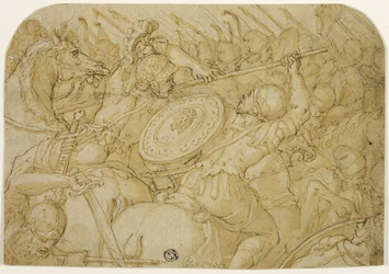 Escaramuza de caballería (recto); Boceto arquitectónico (verso)