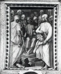 Cosimo de Medici sentado entre filósofos y artistas en la Sala de Cosimo el Viejo