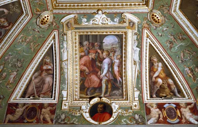 (detalle) de la sala de Cosimo de Medicis representándose a sí mismo con Sante Bentivoglio, gobernador de la ciudad de Bolonia