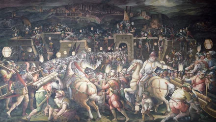 Italia, Florencia, Palazzo Vecchio (Palacio Viejo), Salone dei Cinquecento, Toma de Fuerte cerca de Puerto Camollia en Siena