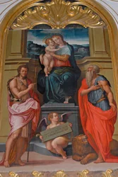Madonna y el Niño entre San Juan Bautista y San Jerónimo, pintura de Giorgio Vasari, iglesia en el monasterio de Camaldoli, Camaldoli, Toscana, Italia
