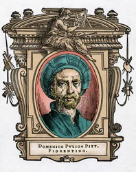 Retrato de Domenico PULIGO [1492-1527] pintor italiano. Grabado del tratado “Vidas de los más excelentes pintores, escultores y arquitectos” (Le Vite de