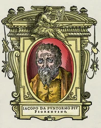 Retrato de Jacopo (Iacopo) Carrucci llamado il Pontormo (Pontormo) (1494-1556) pintor italiano. Grabado del tratado “Vidas de los más excelentes pintores, escultores y arquitectos” (Le Vite de