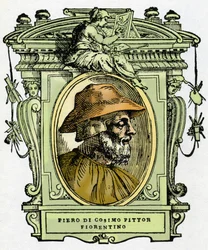 Retrato de Piero di Cosimo (c.1462-1521?), pintor florentino. Grabado del tratado “Vidas de los más excelentes pintores, escultores y arquitectos” (Le Vite de