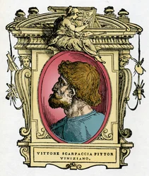 Retrato de Vittore Carpaccio (1460-1526) pintor veneciano. Grabado del tratado "Vidas de los más excelentes pintores, escultores y arquitectos" (Le Vite de