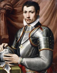 Retrato de un Caballero de Malta, medio cuerpo, con armadura, sosteniendo un casco sobre una mesa, con una cortina detrás