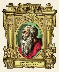 Retrato del pintor Giovanni Battista di Jacopo (Rosso Fiorentino) (1495-1540). Fue miembro de la Escuela de Fontainebleau. Grabado del tratado "Vidas de los más excelentes pintores, escultores y arquitectos"