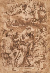 La lapidación de San Esteban, con la Trinidad arriba