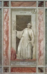 La infidelidad (también llamada Idolatría), figura masculina alejándose de Dios y sosteniendo un ídolo que lo mantiene atado al cuello, por Giotto, detalle del ciclo de frescos Los Vicios y Virtudes, después de la restauración, Capilla Scrovegni, Padua, Vé