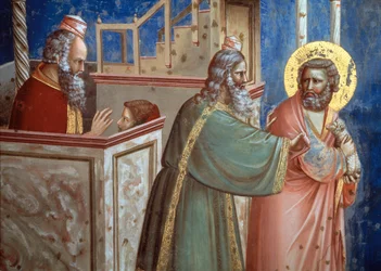 El sacerdote rechazando a Joaquín que vino con un cordero para sacrificarlo. Detalle de la vida de Santa Ana y San Joaquín (fresco)