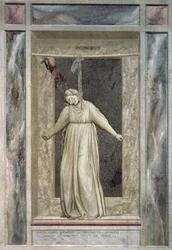 Desesperación, figura femenina que se ahorca y diablo que la agarra por el cabello, de Giotto (1267-1337), detalle del ciclo de frescos Los vicios y las virtudes