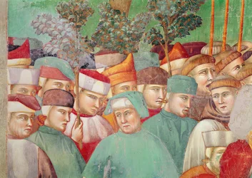 Santa Clara abraza el cadáver de San Francisco, detalle de la multitud en el lado derecho, 1297-99 (detalle)