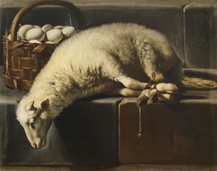 Un cordero ligado junto a una canasta de huevos Alegoría de Pascua, segunda mitad del siglo XVII