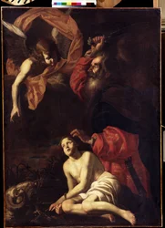 ""Abraham sacrifica a Isaac"" (El sacrificio de Isaac por parte de Abraham) El ángel sostiene la mano de Abraham antes del sacrificio de su hijo Isaac. A la izquierda, el carnero que Abraham matará en su lugar. Pintura de Giovanni Battista Caracciolo conoc