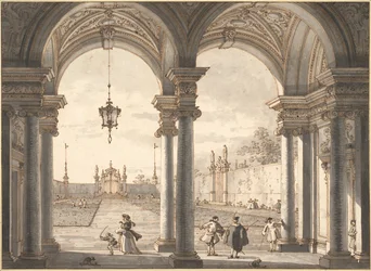 Vista a través de una columnata barroca hacia un jardín, 1760-1768